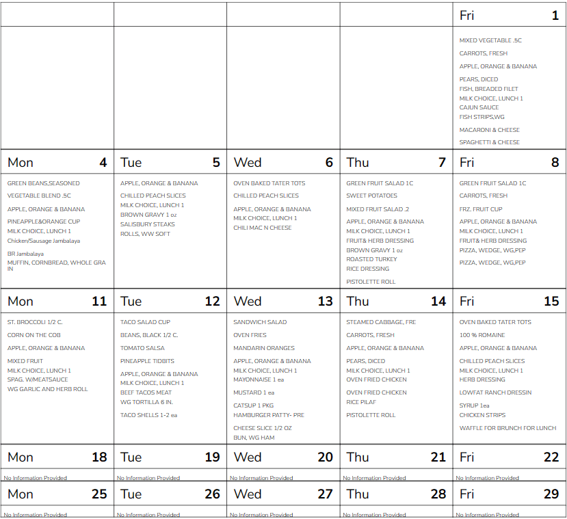 EBR Elementary Lunch Menu