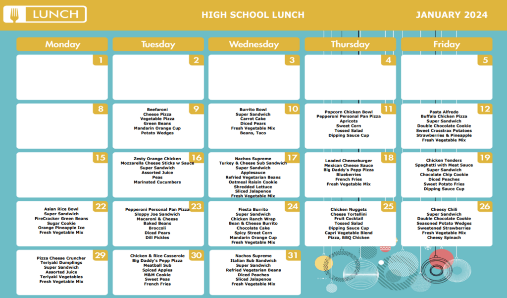 FWCS High Lunch Menu January