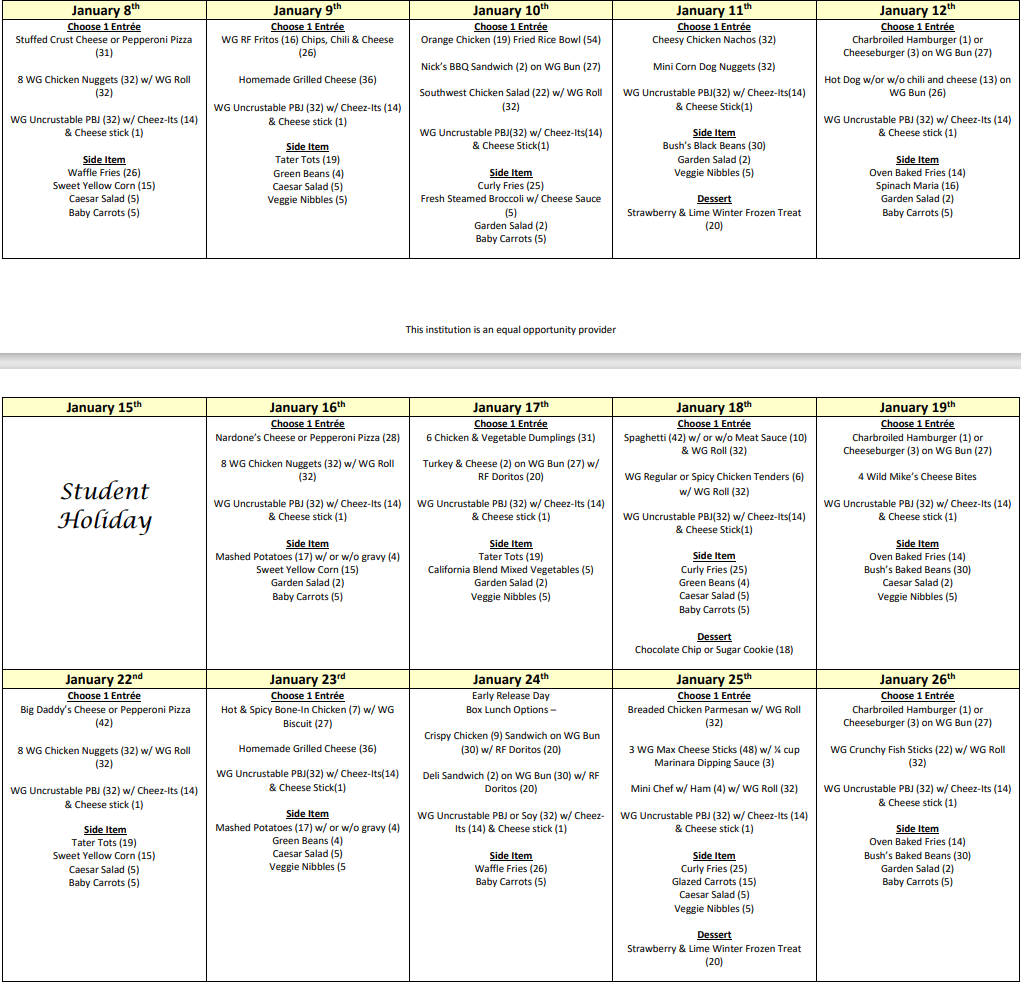 KCS Middle & High Schools Lunch Menu