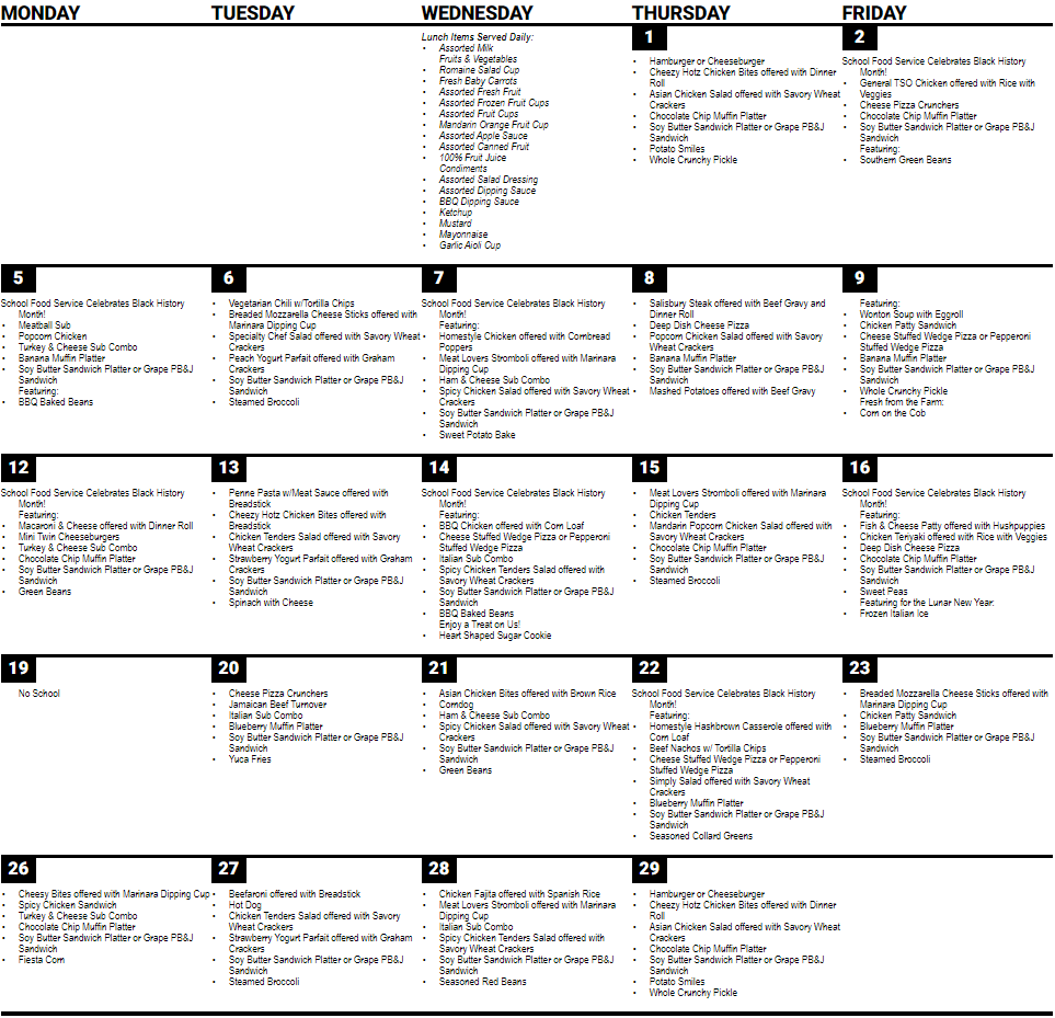 SDPBC Middle Schools Lunch Menu