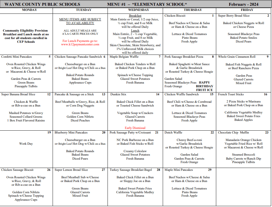 Wayne County Schools Lunch Menu & Meal Programs | FSL