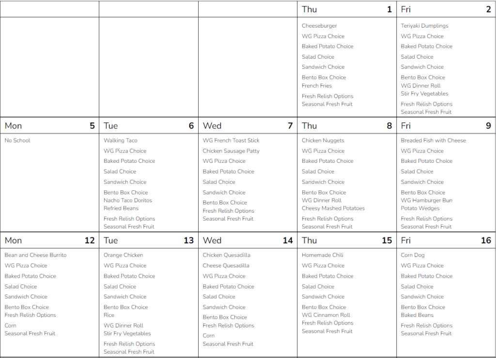 SFSD Middle Lunch Menu 1
