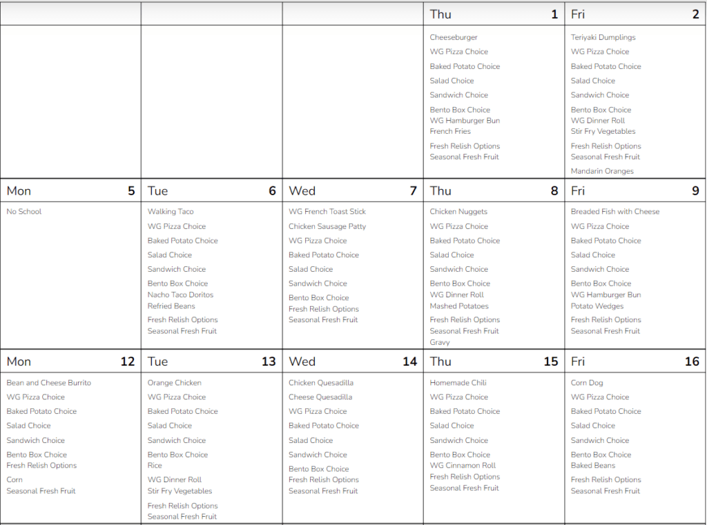 SFSD High Lunch Menu 1