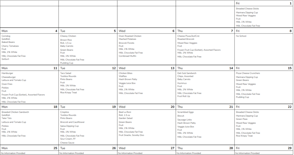 BCBE Elementary, Middle, K-12 Schools Lunch Menu